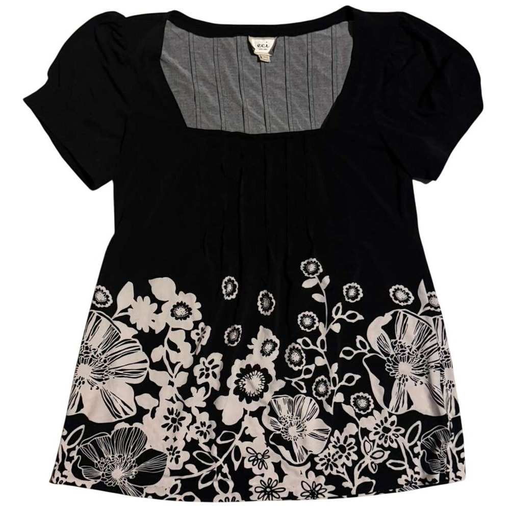 ECI New York Women Black White Floral Border Print Square Neck Pleated Blouse 12